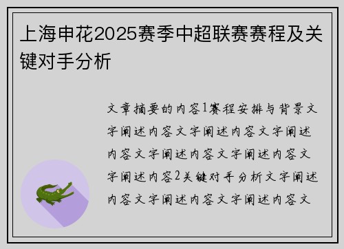 上海申花2025赛季中超联赛赛程及关键对手分析