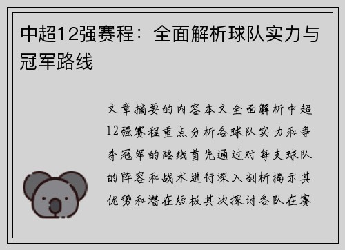 中超12强赛程：全面解析球队实力与冠军路线